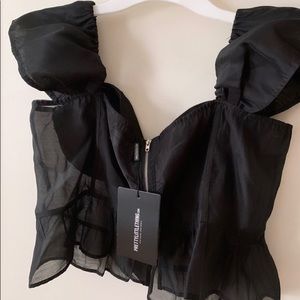 Plus Black Woven Cup Detail Organza Crop Top